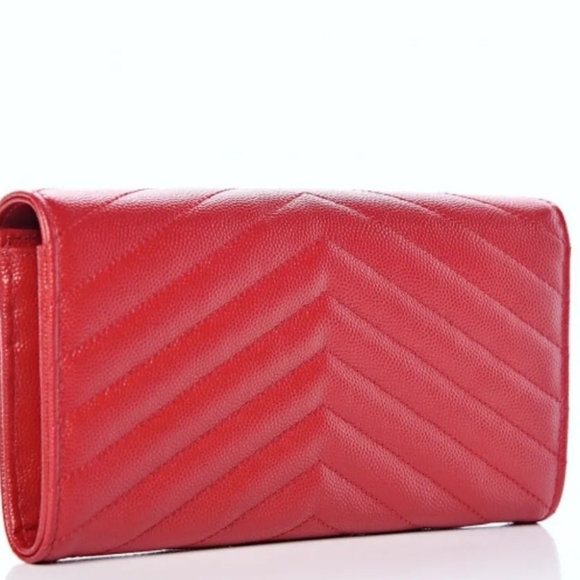 RARE & Auth YSL SAINT LAURENT Long Flap Wallet In Grain Embossed Leather in Red - Picture 5 of 15